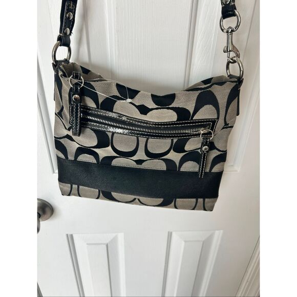 COACH CROSSBODY PURSE ~ Signature Stripe black and tan - Picture 5 of 8